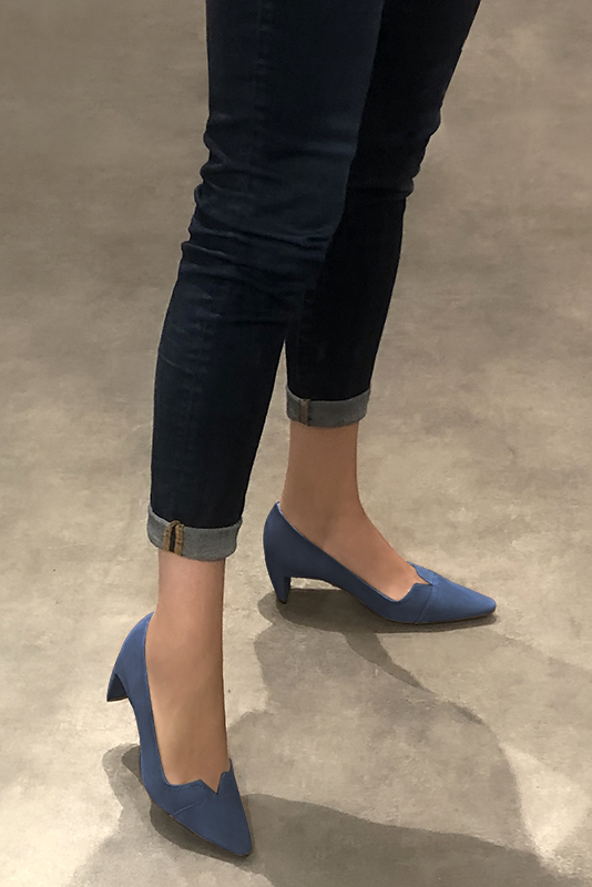 Denim blue women's dress pumps,with a square neckline. Tapered toe. Medium comma heels. Worn view - Florence KOOIJMAN
